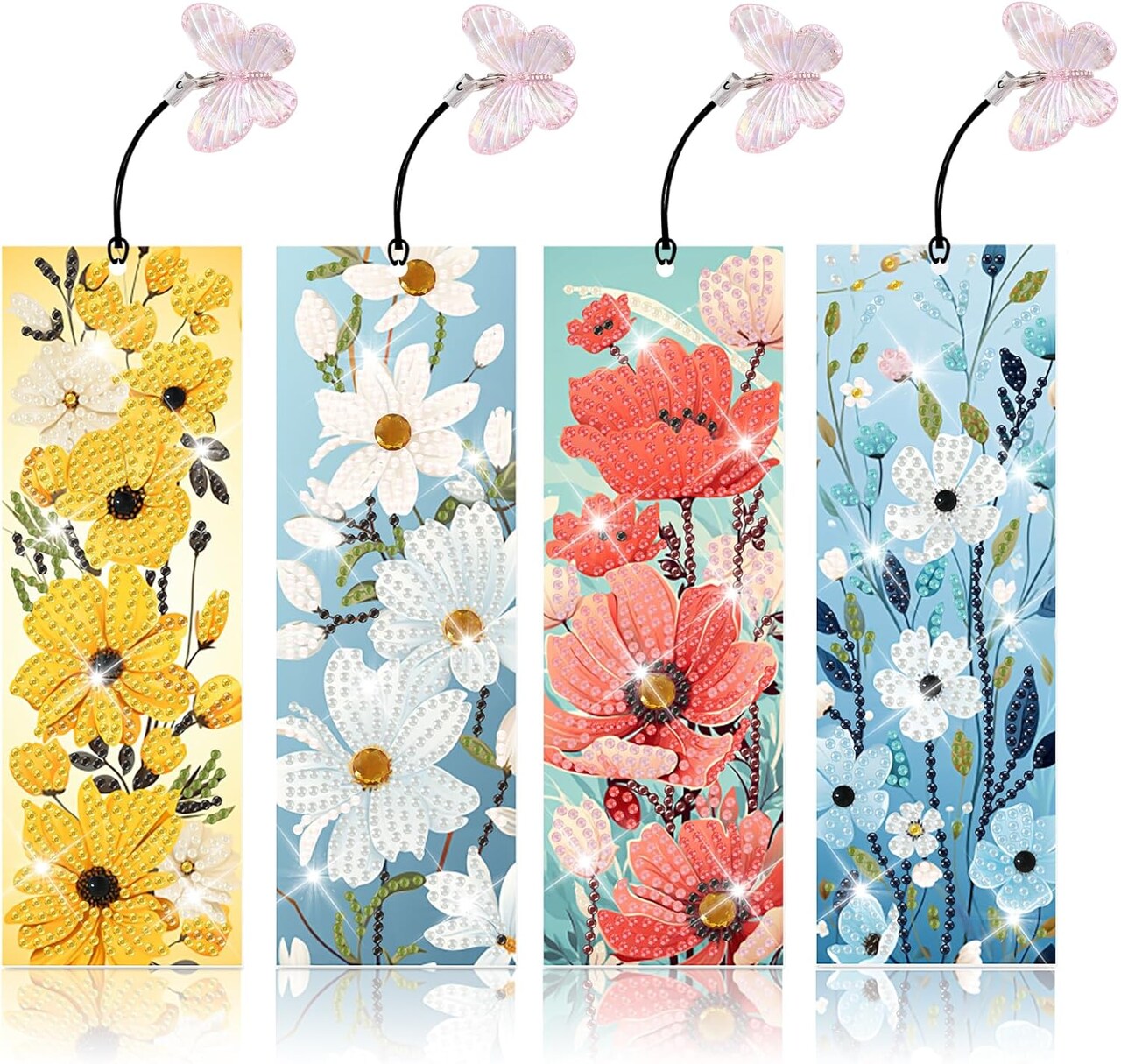 4-Pack Floral Diamond Art Bookmarks Kit - 5D DIY Flower Gem Painting Crafts for Adults, Kids & Seniors - PU Leather Beaded Bookmarks with Tools - Creative Gift for Book Lovers, Teachers, and Students